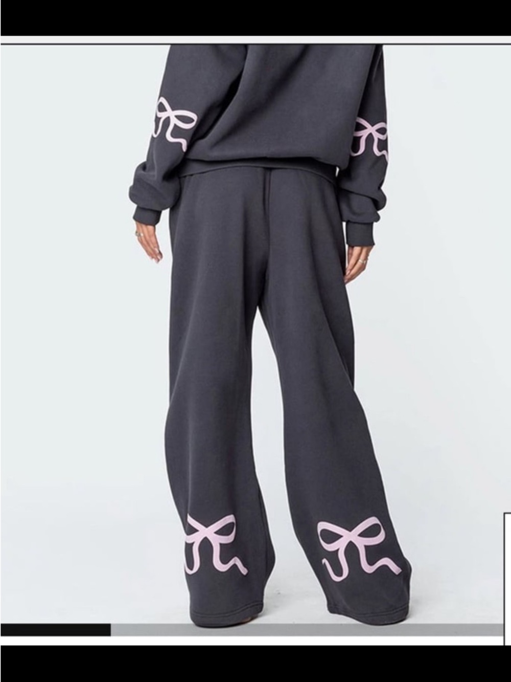 Edikted Bonney Bow Detail Wide Leg Sweatpants Dark Grey Pink Medium Womens